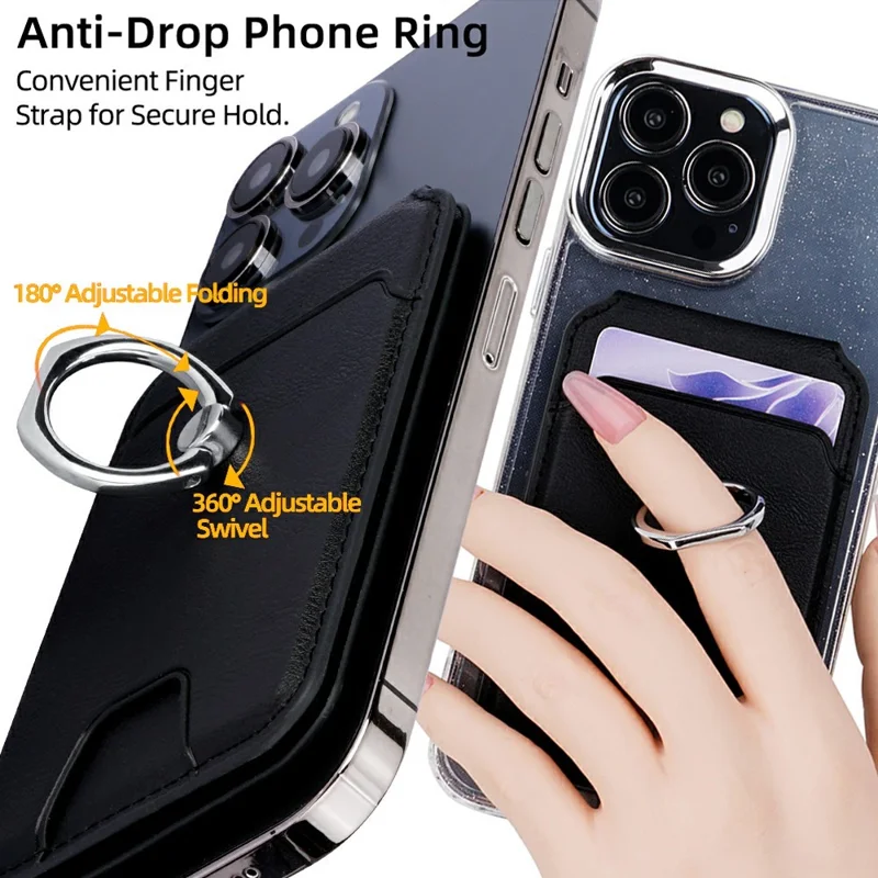 Rotary Phone Ring Holder Kickstand with Card Holder Cowhide Texture Leather Magnetic Card Slots - Black