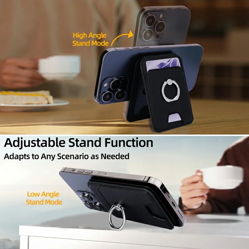 Rotary Phone Ring Holder Kickstand with Card Holder Cowhide Texture Leather Magnetic Card Slots - Black