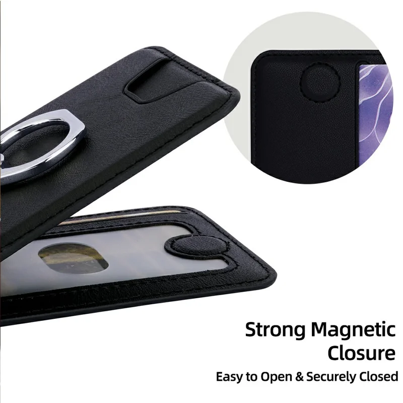Rotary Phone Ring Holder Kickstand with Card Holder Cowhide Texture Leather Magnetic Card Slots - Black