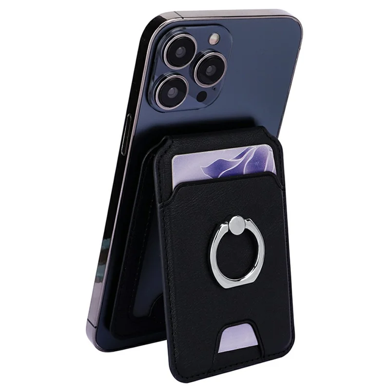 Rotary Phone Ring Holder Kickstand with Card Holder Cowhide Texture Leather Magnetic Card Slots - Black