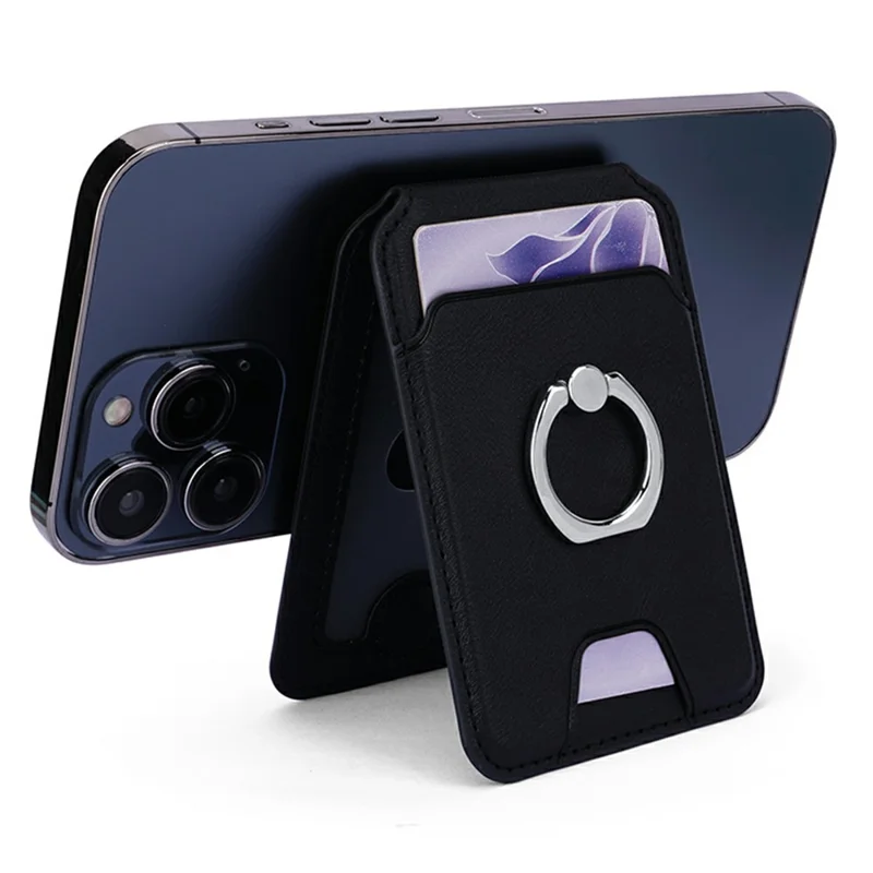 Rotary Phone Ring Holder Kickstand with Card Holder Cowhide Texture Leather Magnetic Card Slots - Black