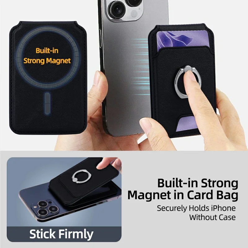 Rotary Phone Ring Holder Kickstand with Card Holder Cowhide Texture Leather Magnetic Card Slots - Black