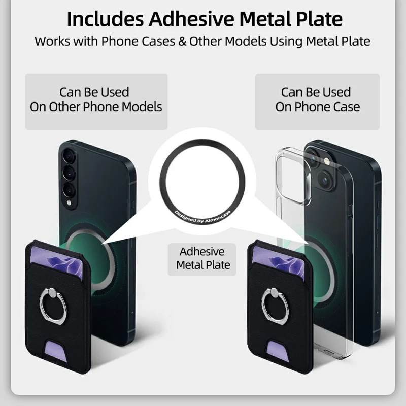 Rotary Phone Ring Holder Kickstand with Card Holder Cowhide Texture Leather Magnetic Card Slots - Black