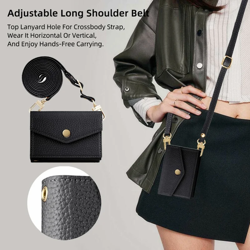 Multi-Function Horizontal Phone Card Holder Large Capacity Leather Wallet Kickstand with Mirror - Black