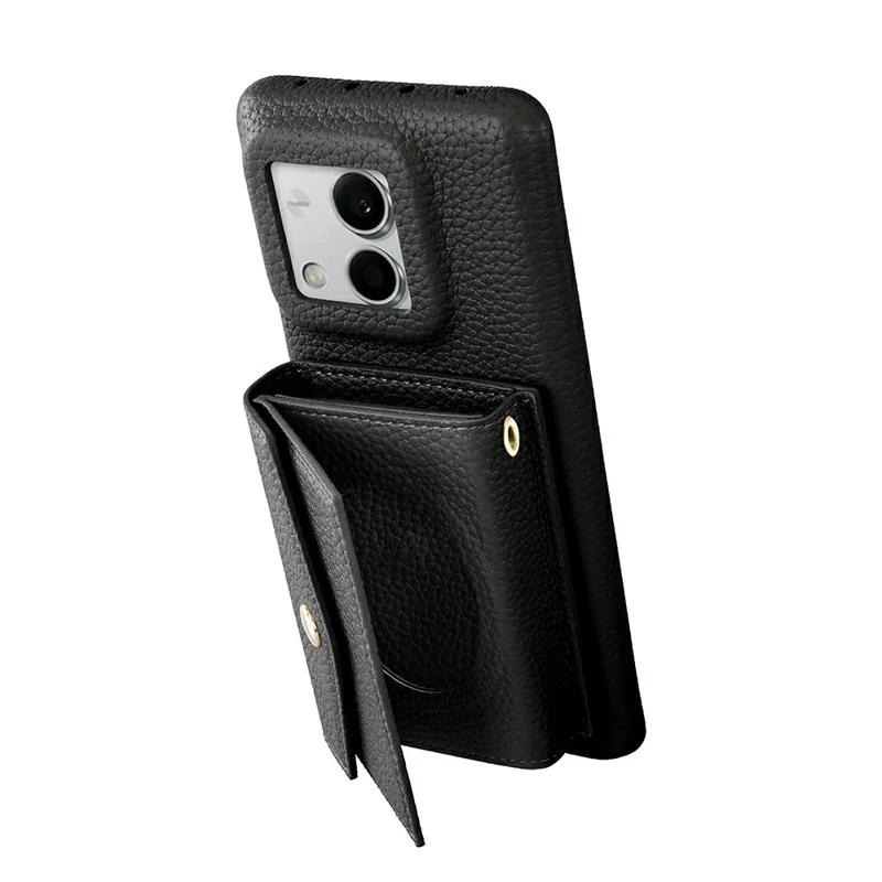 Multi-Function Horizontal Phone Card Holder Large Capacity Leather Wallet Kickstand with Mirror - Black