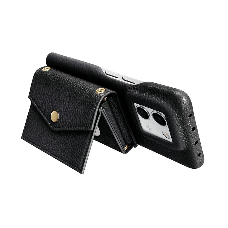 Multi-Function Horizontal Phone Card Holder Large Capacity Leather Wallet Kickstand with Mirror - Black