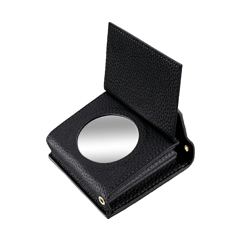 Multi-Function Horizontal Phone Card Holder Large Capacity Leather Wallet Kickstand with Mirror - Black