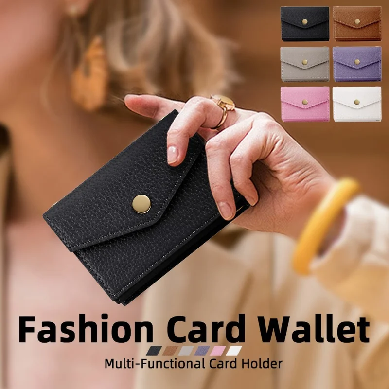 Multi-Function Horizontal Phone Card Holder Large Capacity Leather Wallet Kickstand with Mirror - Black