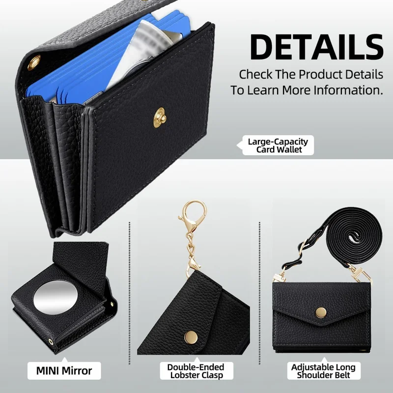 Multi-Function Horizontal Phone Card Holder Large Capacity Leather Wallet Kickstand with Mirror - Black