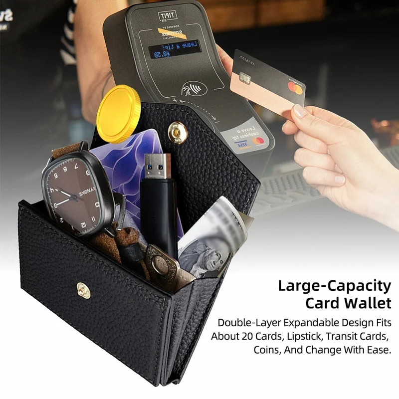 Multi-Function Horizontal Phone Card Holder Large Capacity Leather Wallet Kickstand with Mirror - Black