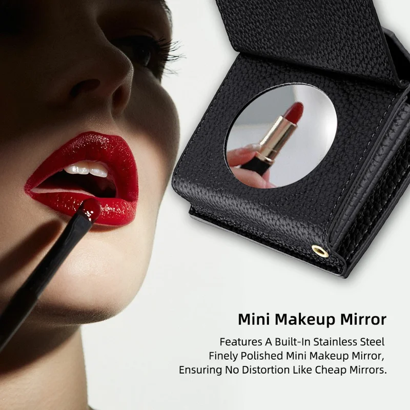 Multi-Function Horizontal Phone Card Holder Large Capacity Leather Wallet Kickstand with Mirror - Black