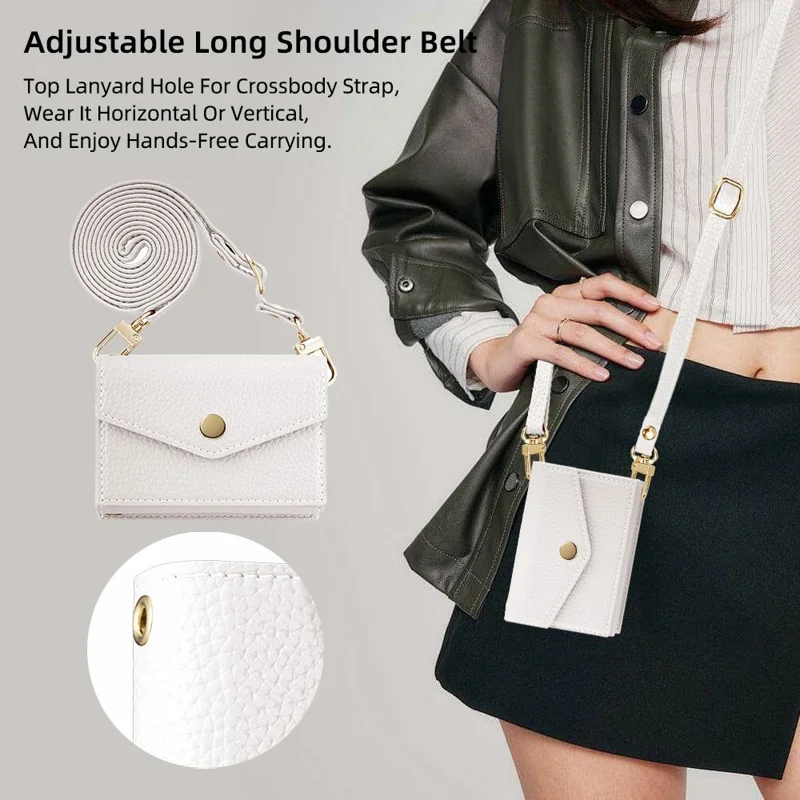 Горизонтальный кожаный кошелек с увеличенной вместимостью, держателем телефона, зеркалом - Белый