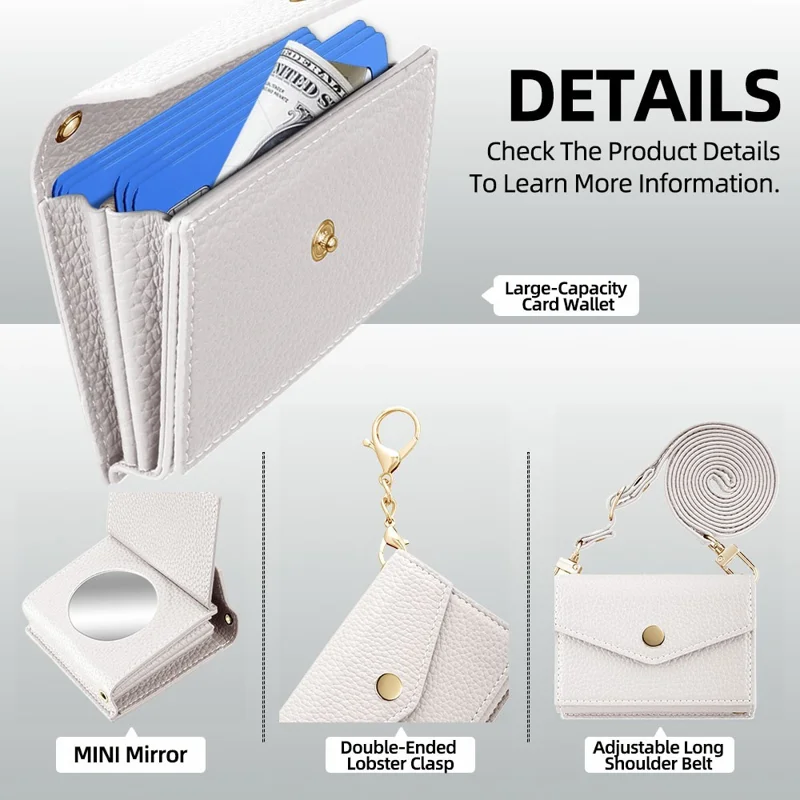 Горизонтальный кожаный кошелек с увеличенной вместимостью, держателем телефона, зеркалом - Белый