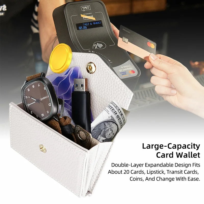 Горизонтальный кожаный кошелек с увеличенной вместимостью, держателем телефона, зеркалом - Белый