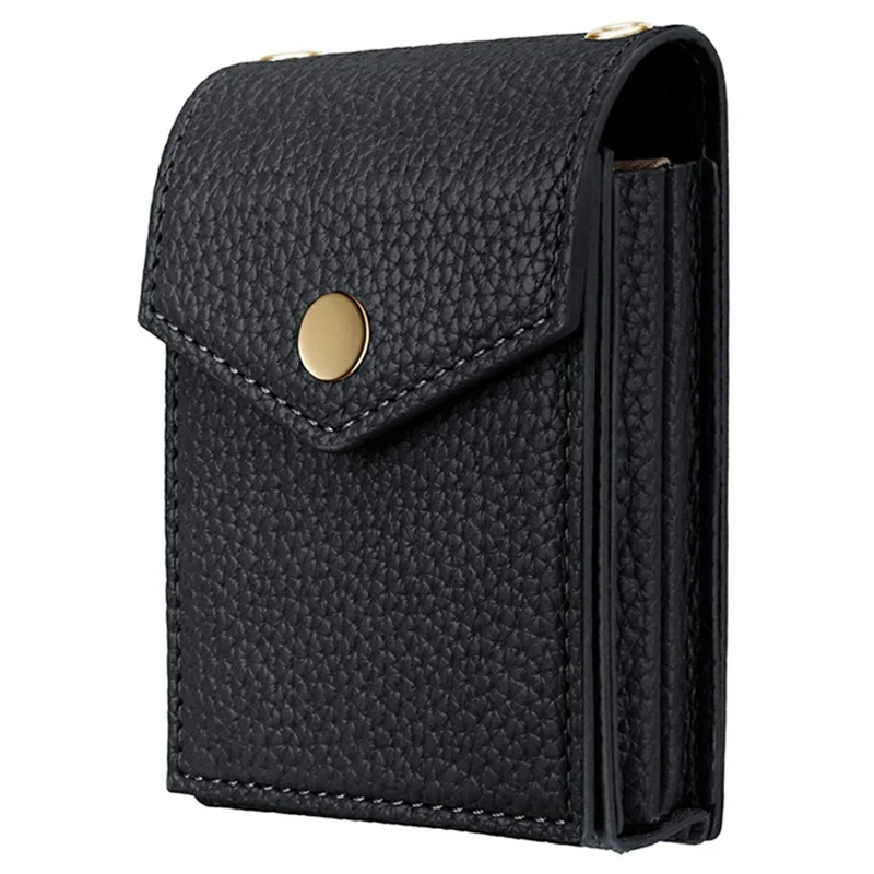 Vertical Card Holder Litchi Texture Leather Mini Wallet Phone Kickstand with Mirror - Black