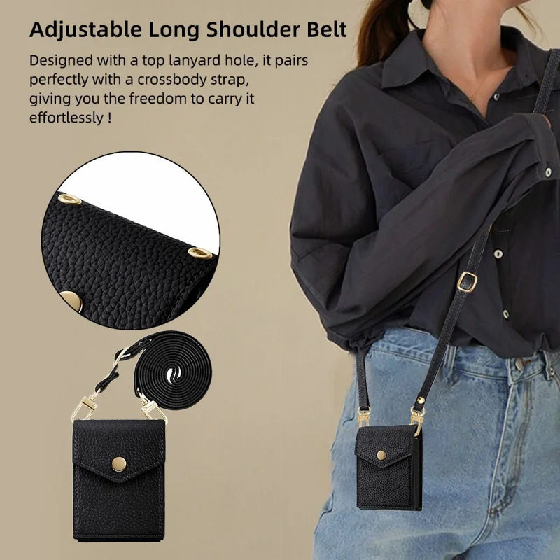 Vertical Card Holder Litchi Texture Leather Mini Wallet Phone Kickstand with Mirror - Black