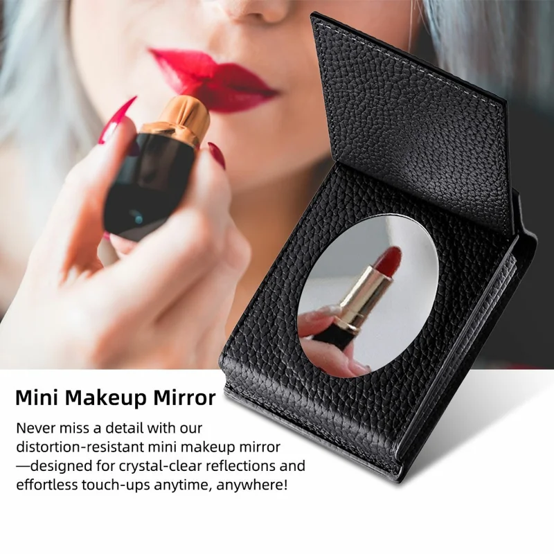 Vertical Card Holder Litchi Texture Leather Mini Wallet Phone Kickstand with Mirror - Black