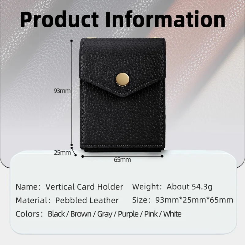 Vertical Card Holder Litchi Texture Leather Mini Wallet Phone Kickstand with Mirror - Black