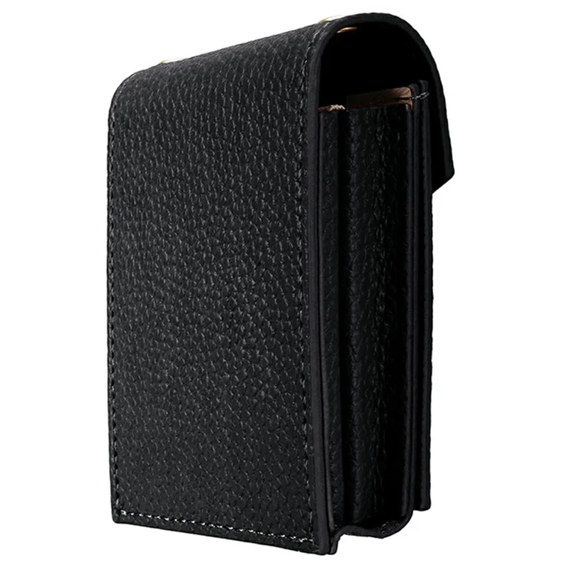 Vertical Card Holder Litchi Texture Leather Mini Wallet Phone Kickstand with Mirror - Black