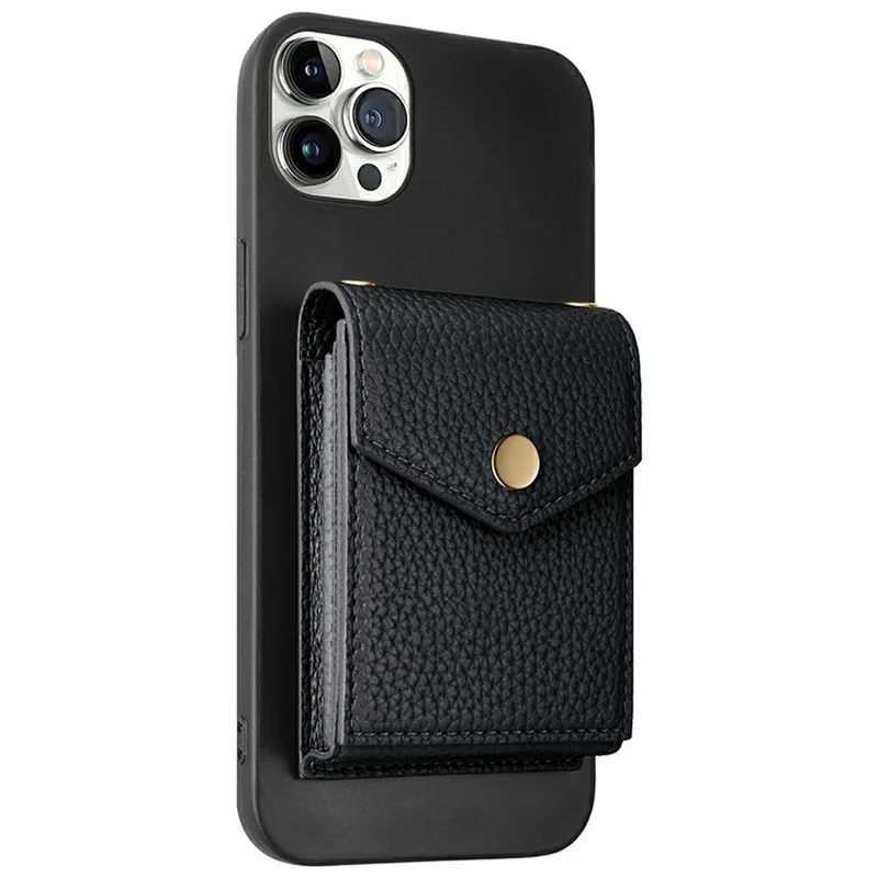 Vertical Card Holder Litchi Texture Leather Mini Wallet Phone Kickstand with Mirror - Black