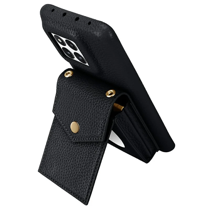 Vertical Card Holder Litchi Texture Leather Mini Wallet Phone Kickstand with Mirror - Black