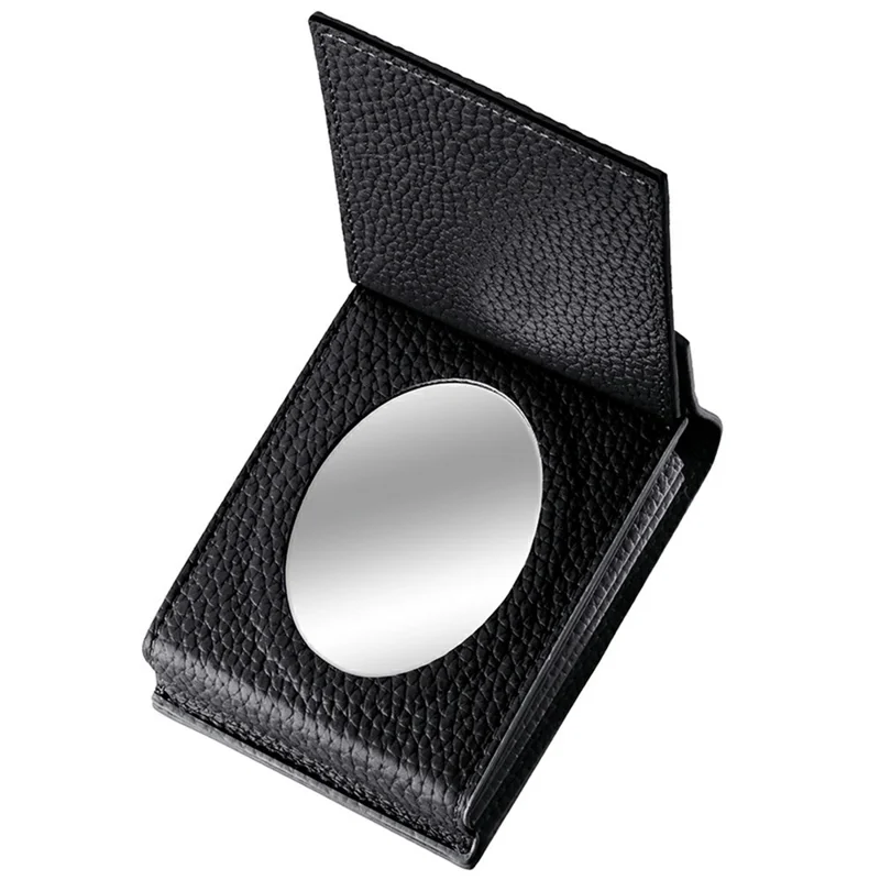 Vertical Card Holder Litchi Texture Leather Mini Wallet Phone Kickstand with Mirror - Black