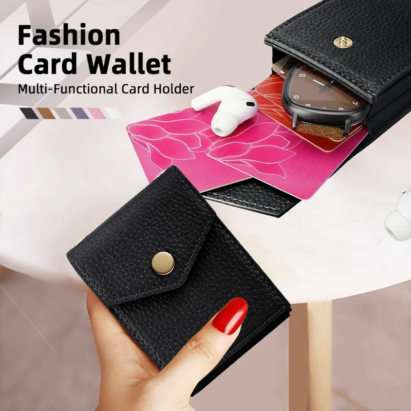 Vertical Card Holder Litchi Texture Leather Mini Wallet Phone Kickstand with Mirror - Black