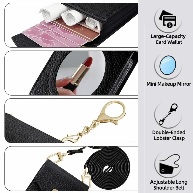 Vertical Card Holder Litchi Texture Leather Mini Wallet Phone Kickstand with Mirror - Black