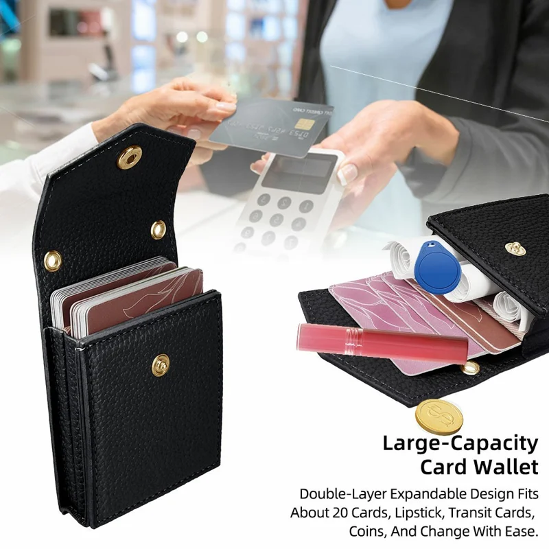 Vertical Card Holder Litchi Texture Leather Mini Wallet Phone Kickstand with Mirror - Black