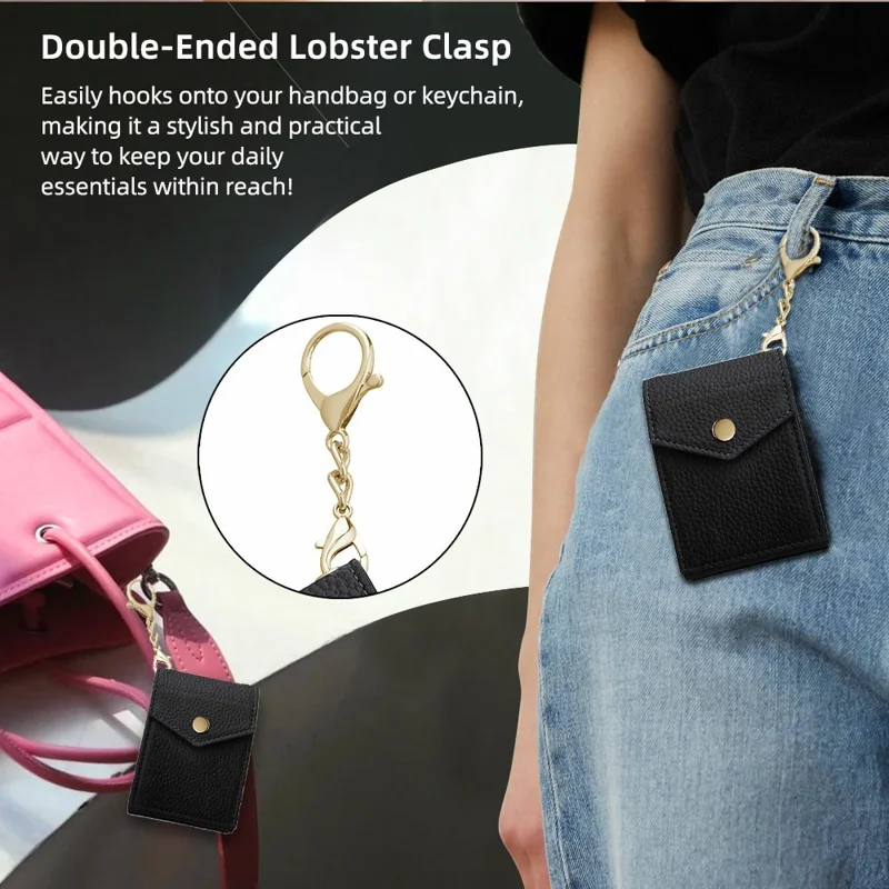 Vertical Card Holder Litchi Texture Leather Mini Wallet Phone Kickstand with Mirror - Black