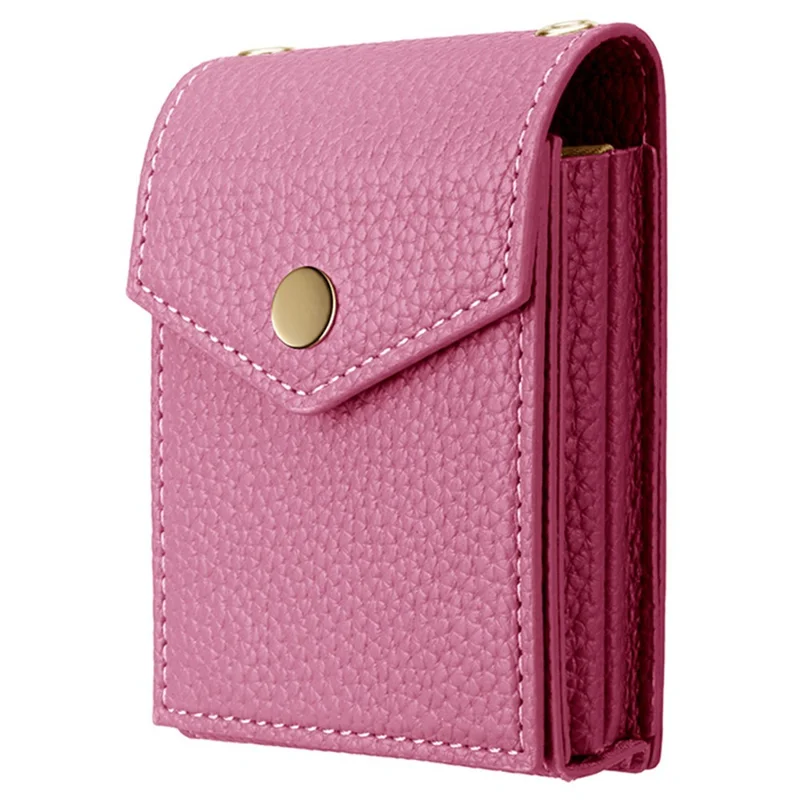 Vertical Card Holder Litchi Texture Leather Mini Wallet Phone Kickstand with Mirror - Pink
