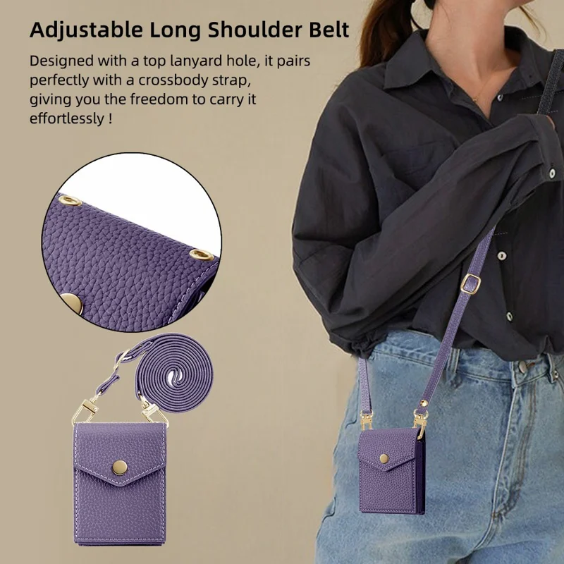 Vertical Card Holder Litchi Texture Leather Mini Wallet Phone Kickstand with Mirror - Pink