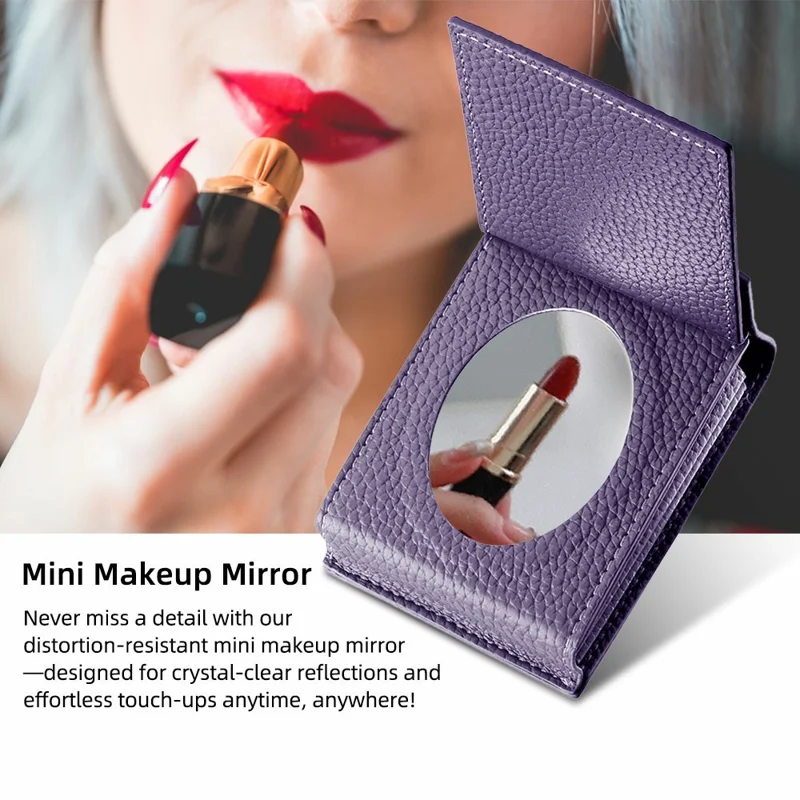 Vertical Card Holder Litchi Texture Leather Mini Wallet Phone Kickstand with Mirror - Pink