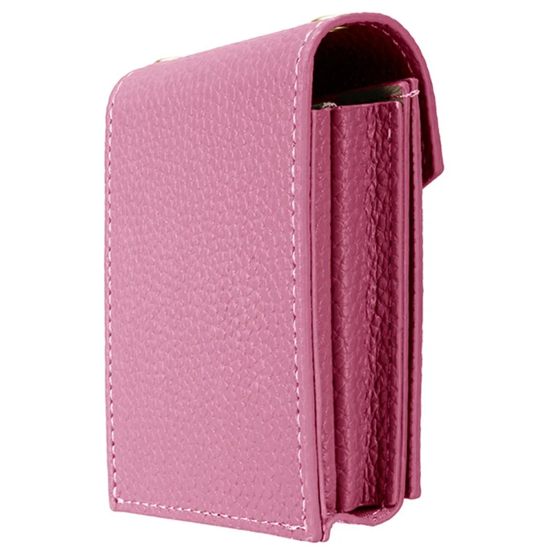 Vertical Card Holder Litchi Texture Leather Mini Wallet Phone Kickstand with Mirror - Pink