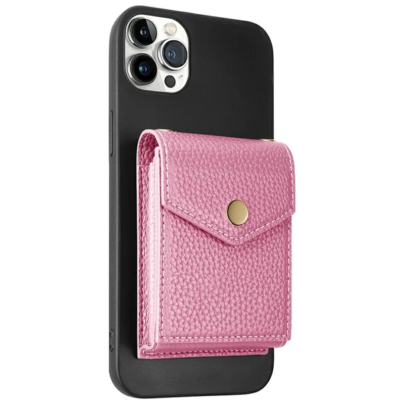 Vertical Card Holder Litchi Texture Leather Mini Wallet Phone Kickstand with Mirror - Pink