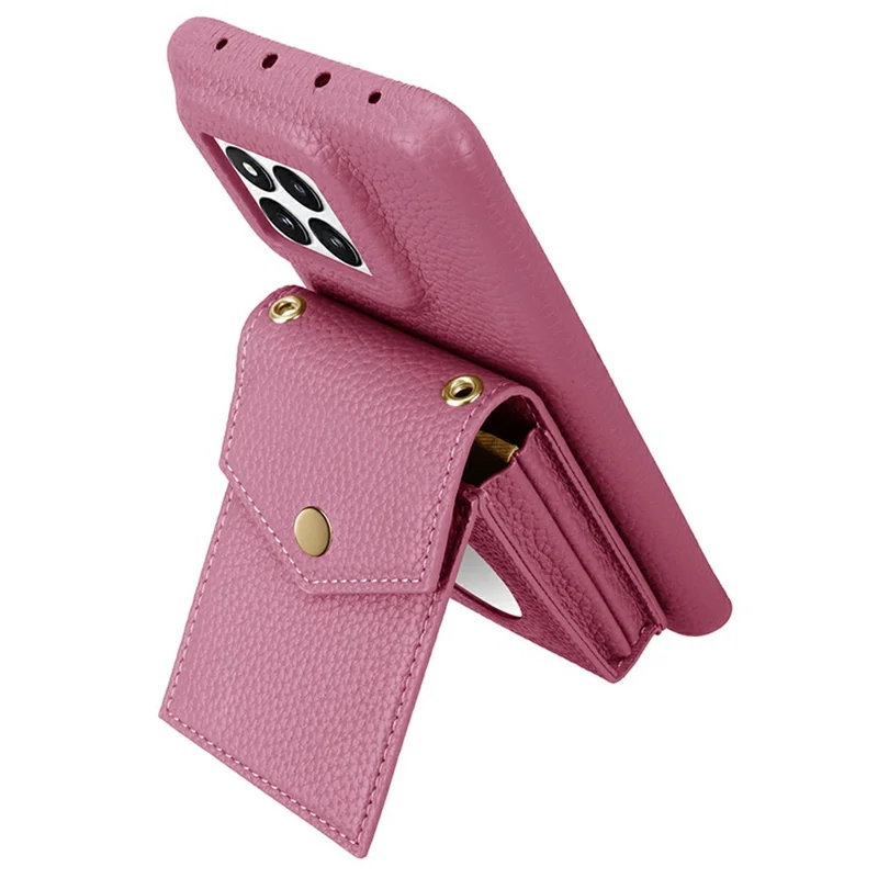 Vertical Card Holder Litchi Texture Leather Mini Wallet Phone Kickstand with Mirror - Pink
