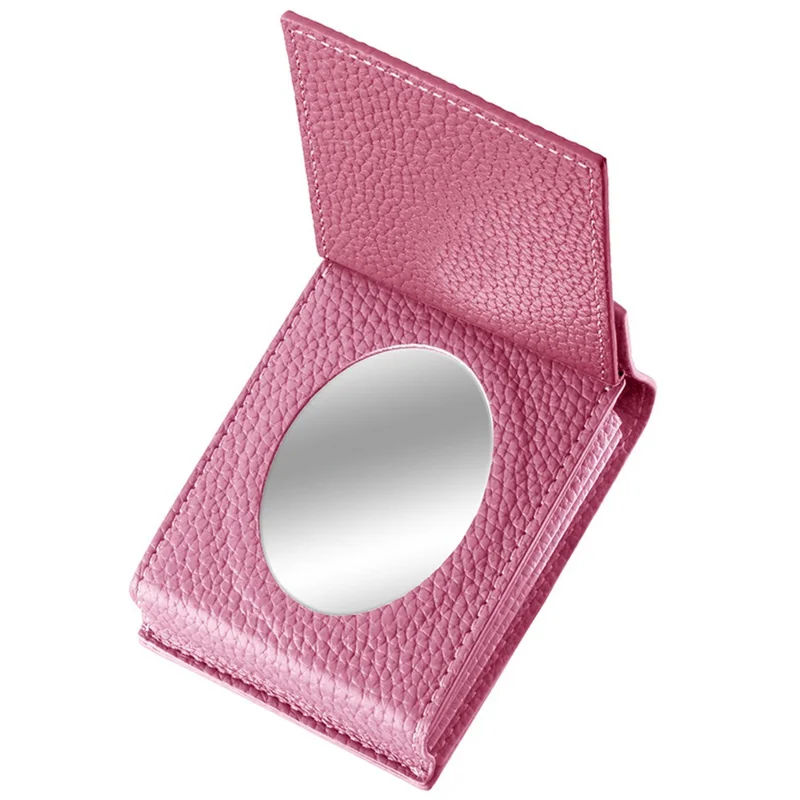 Vertical Card Holder Litchi Texture Leather Mini Wallet Phone Kickstand with Mirror - Pink