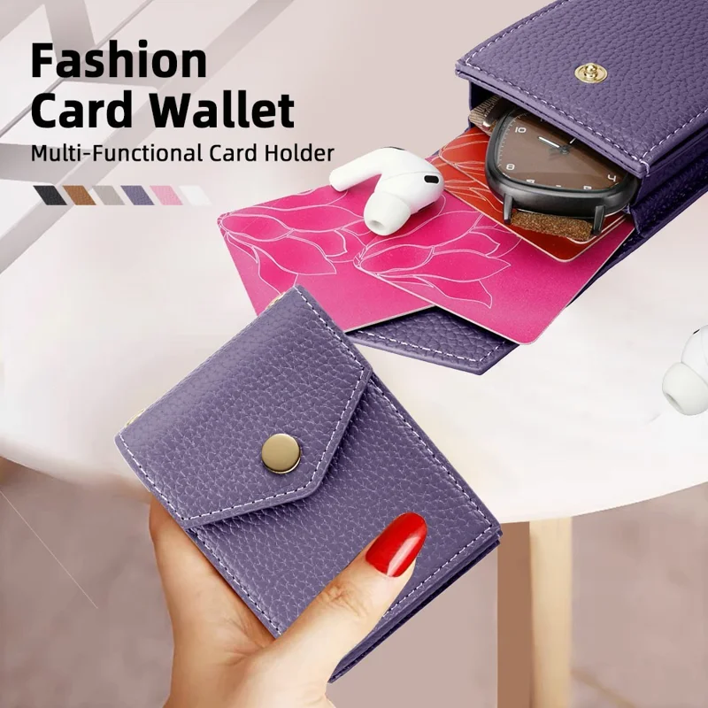 Vertical Card Holder Litchi Texture Leather Mini Wallet Phone Kickstand with Mirror - Pink