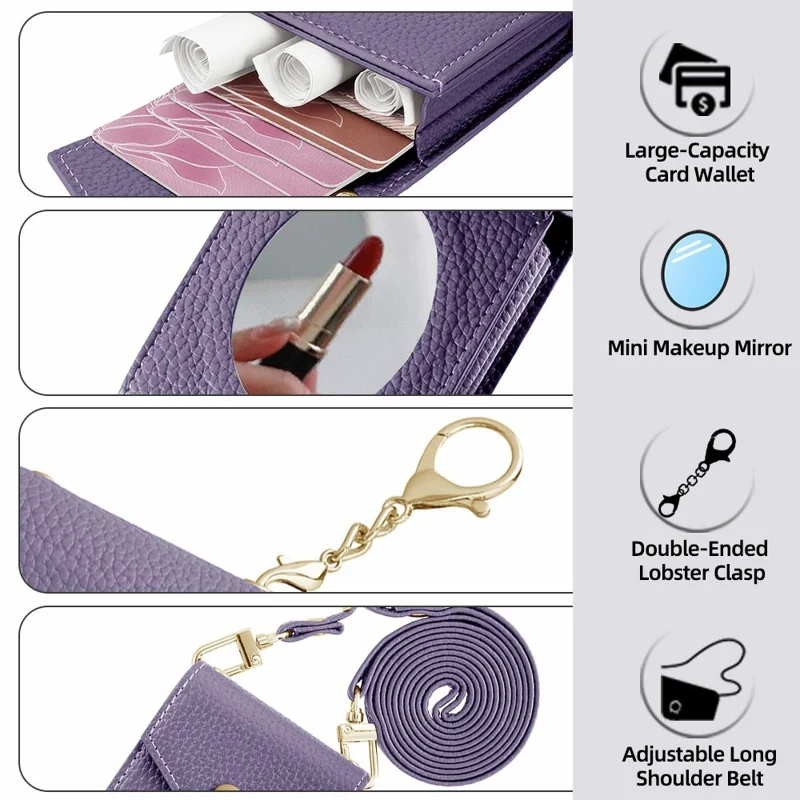 Vertical Card Holder Litchi Texture Leather Mini Wallet Phone Kickstand with Mirror - Pink