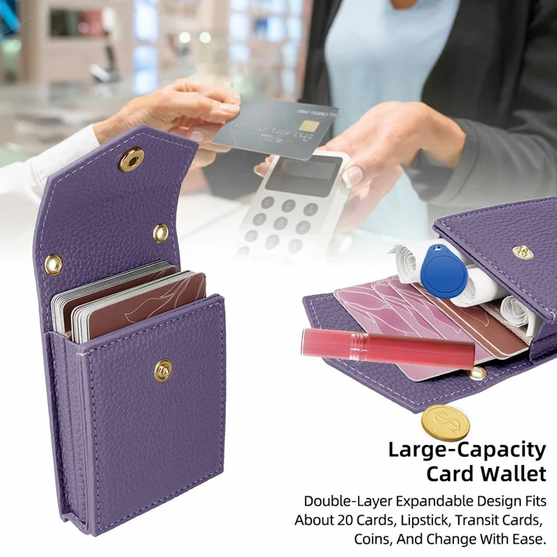 Vertical Card Holder Litchi Texture Leather Mini Wallet Phone Kickstand with Mirror - Pink