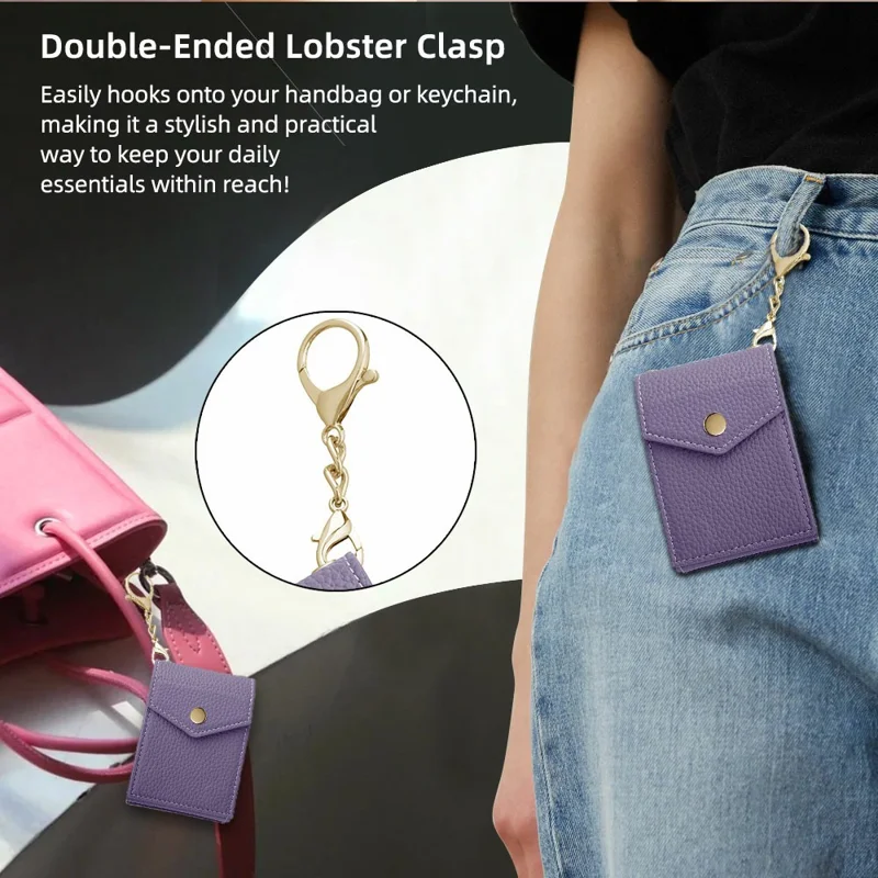 Vertical Card Holder Litchi Texture Leather Mini Wallet Phone Kickstand with Mirror - Pink