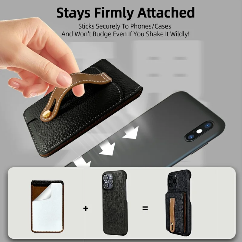 Litchi Texture Leather Card Holder Strap Holder Adhesive Phone Kickstand Wallet with Mirror - Black