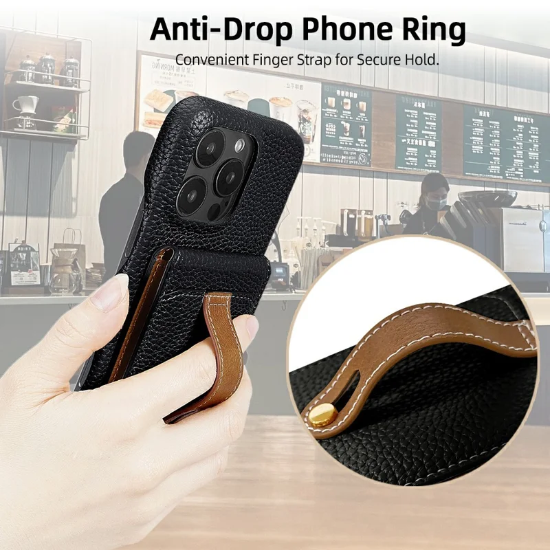 Litchi Texture Leather Card Holder Strap Holder Adhesive Phone Kickstand Wallet with Mirror - Black