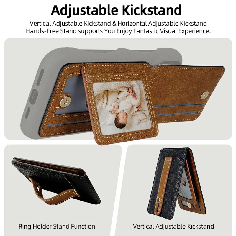 Litchi Texture Leather Card Holder Strap Holder Adhesive Phone Kickstand Wallet with Mirror - Black