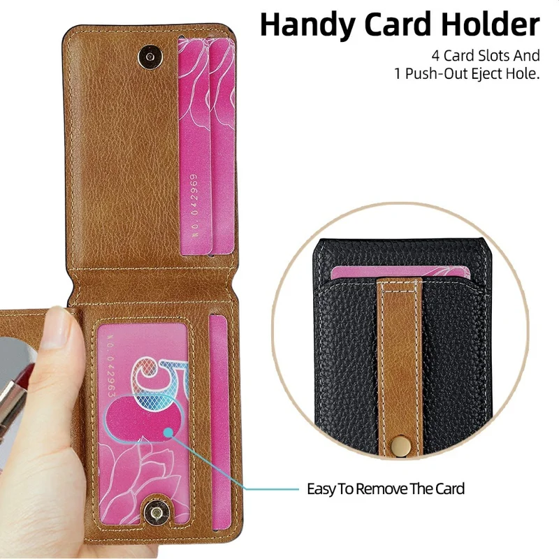 Litchi Texture Leather Card Holder Strap Holder Adhesive Phone Kickstand Wallet with Mirror - Black