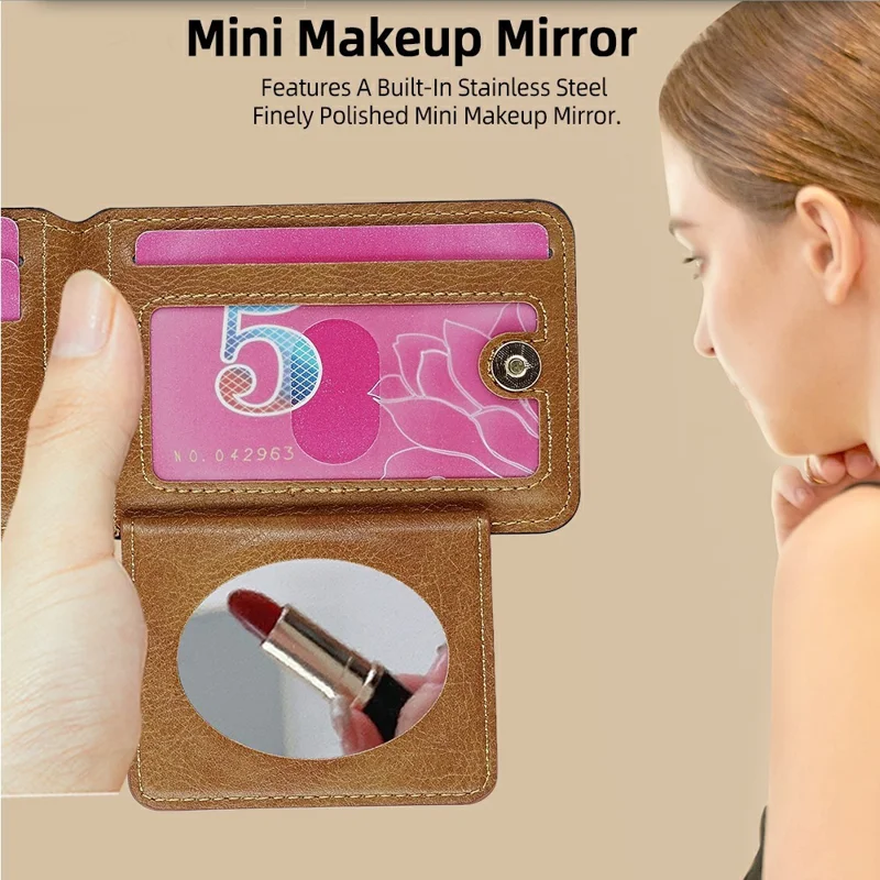 Litchi Texture Leather Card Holder Strap Holder Adhesive Phone Kickstand Wallet with Mirror - Black