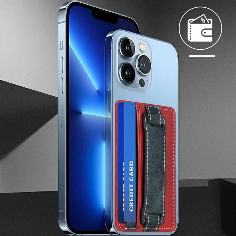 KT1 Card Holder Adhesive PU Leather Phone Wallet with Strap Holder - Black / Grey