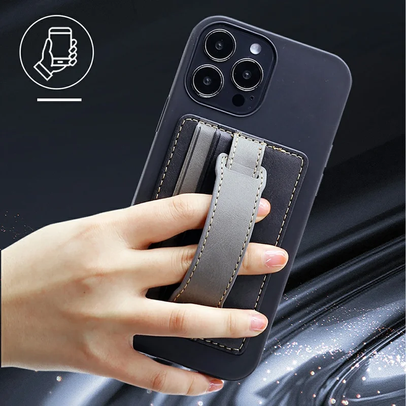 KT1 Card Holder Adhesive PU Leather Phone Wallet with Strap Holder - Black / Grey