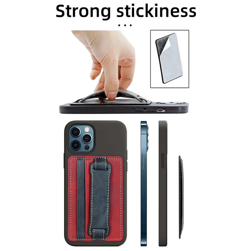 KT1 Card Holder Adhesive PU Leather Phone Wallet with Strap Holder - Black / Grey