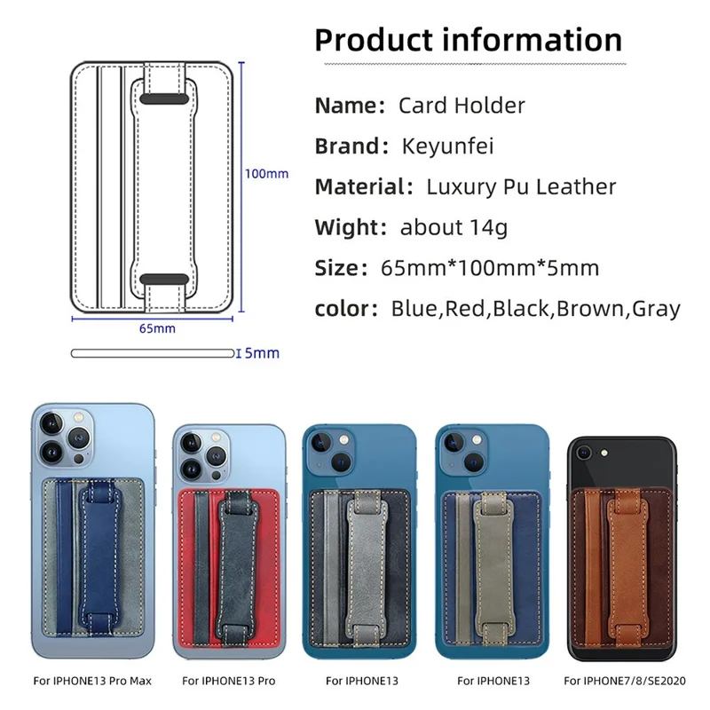 KT1 Card Holder Adhesive PU Leather Phone Wallet with Strap Holder - Black / Grey